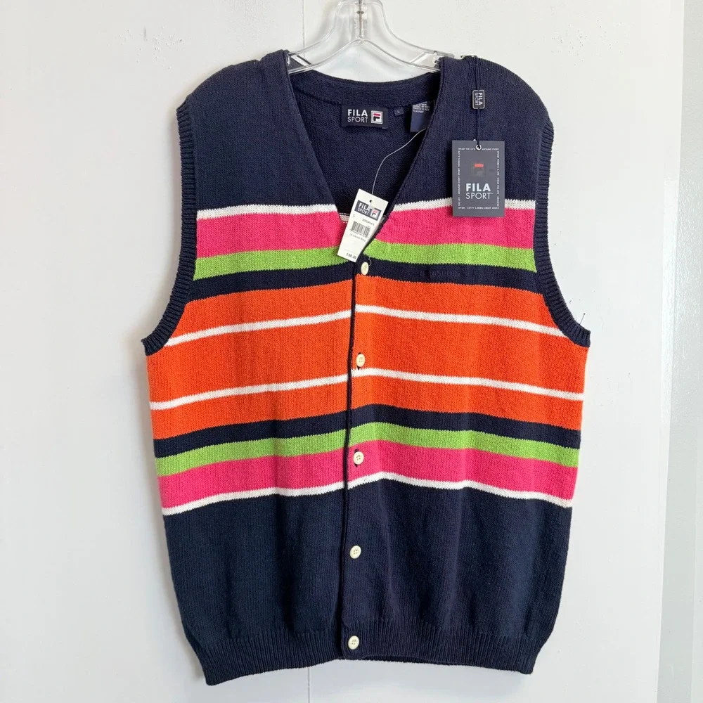 Fila Sport Vintage Striped Sweater Vest Navy Multi Color‎ NWT Large Button Down